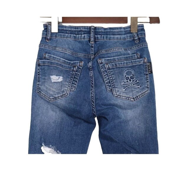 Philipp Plein Women's 25 Blue Mid Rise Distressed Slim Fit Jeans Denim Stretch - Picture 5 of 9